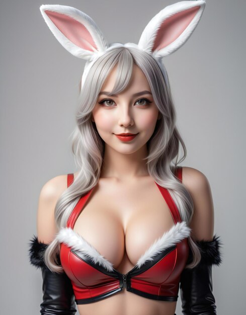 Mulher asiática sexy em lingerie erótica com orelhas de coelho