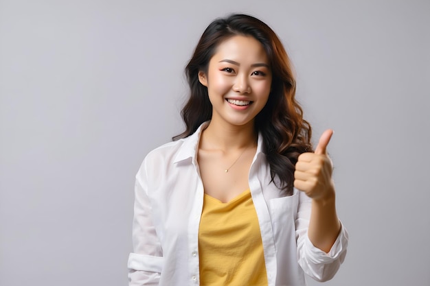 Mulher asiática sorridente camisa branca em fundo amarelo com polegares para cima mostrar apreciar corpo inteiro