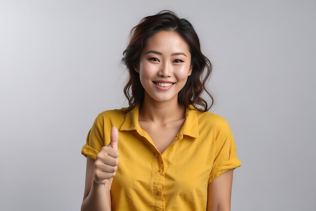 Foto mulher asiática sorridente camisa branca em fundo amarelo com polegares para cima mostrar apreciar corpo inteiro
