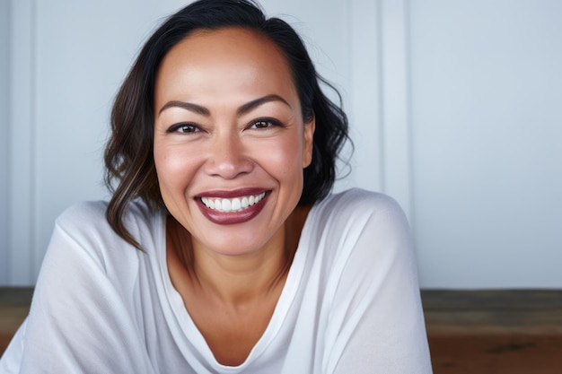 Mulher asiática sorridente em sua casa com um humor positivo