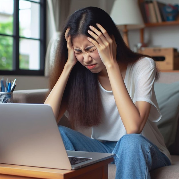 Mulher asiática tem dor de cabeça enquanto trabalha em casa