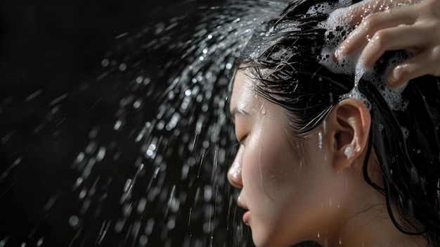 Foto mulher asiática toma banho e lava o cabelo no fundo preto.