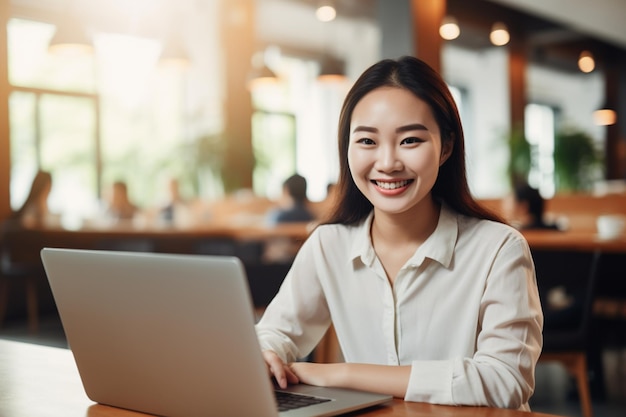 Mulher asiática trabalhando no laptop sorrindo