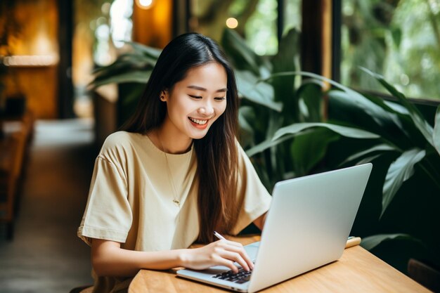 Mulher asiática trabalhando no laptop sorrindo