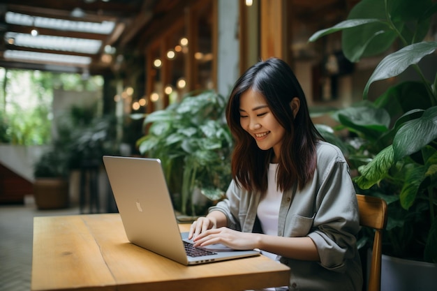 Mulher asiática trabalhando no laptop sorrindo