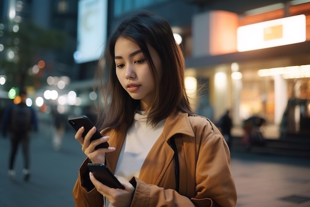 Mulher asiática usa smartphones garota adulta segurando dois telefones na IA generativa de rua