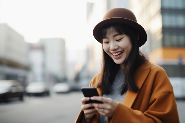 Foto mulher asiática usando smartphone na cidade