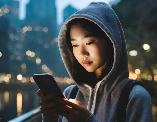 Foto mulher asiática usando telefone móvel vício em smartphone solidão em multidões