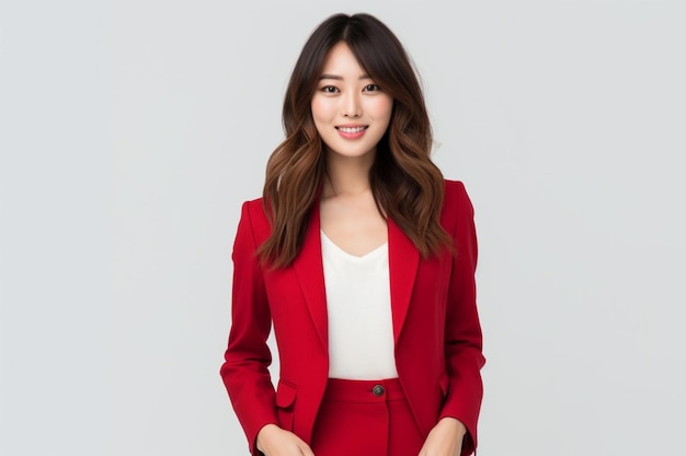 Mulher asiática vestindo blazer vermelho sorrindo no fundo branco