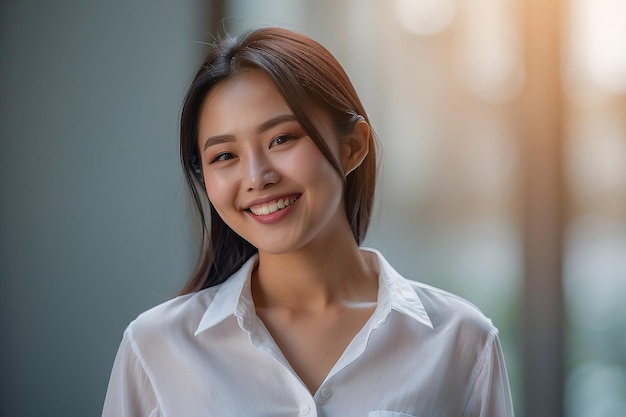 Mulher asiática vestindo camisa branca sorrindo em fundo desfocado