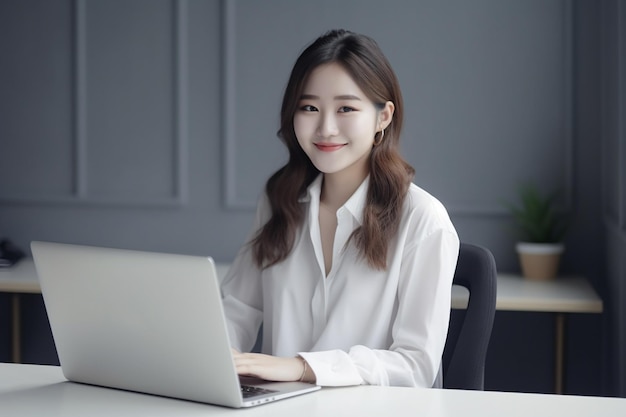 Mulher asiática vestindo camisa branca trabalhando com laptop