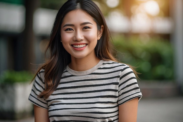 Mulher asiática vestindo camisa listrada sorrindo em fundo desfocado