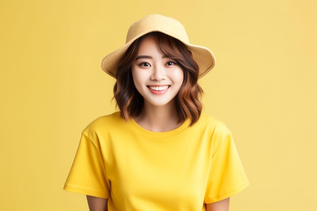 Mulher asiática vestindo camiseta amarela com chapéu sorrindo em fundo amarelo