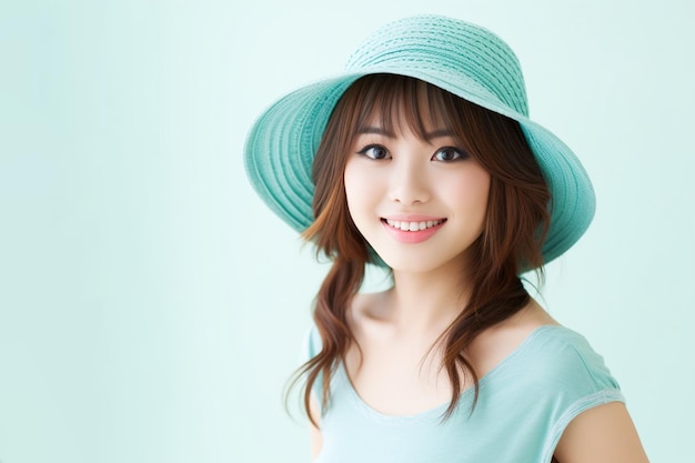 Mulher asiática vestindo camiseta azul e chapéu sorrindo no fundo branco