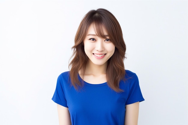 Mulher asiática vestindo camiseta azul sorrindo no fundo branco