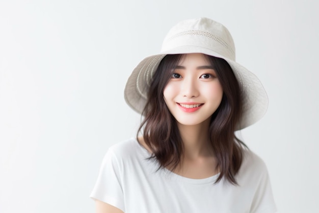 Mulher asiática vestindo camiseta branca e chapéu sorrindo no fundo branco