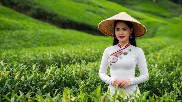 Mulher asiática vestindo cultura vietnamita tradicional em campo de chá verde