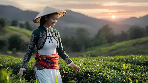 Mulher asiática vestindo cultura vietnamita tradicional em campo de chá verde