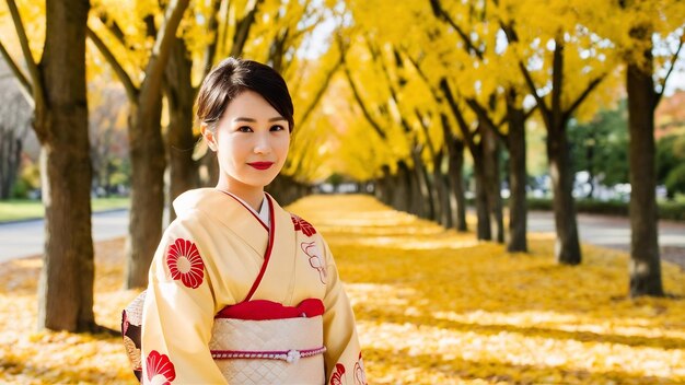 Foto mulher asiática vestindo kimono tradicional japonês em fila de árvore de ginkgo amarela no outono