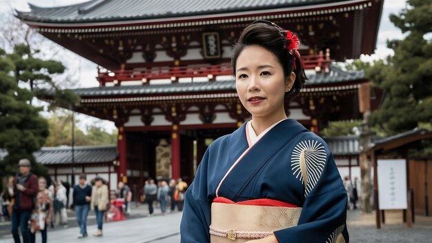 Mulher asiática vestindo kimono tradicional japonês em um templo em Tóquio, Japão