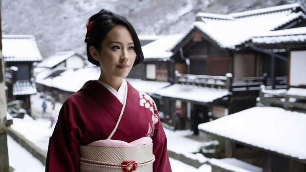 Mulher asiática vestindo kimono tradicional japonês na aldeia de Shirakawa go no inverno do Japão