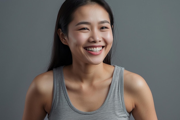 Mulher asiática vestindo top cinzento sorrindo em fundo cinzento