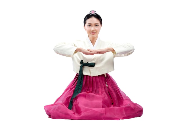 Mulher asiática vestindo um traje nacional tradicional coreano Hanbok