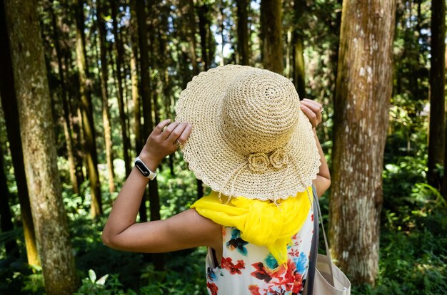 Mulher asiática viajando caminhando na floresta em Xitou, Nantou, Taiwan