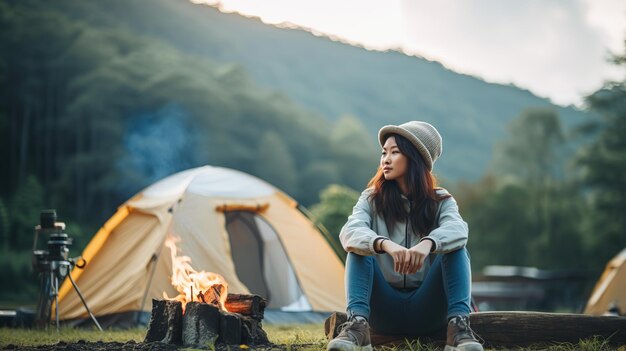 Mulher asiática viajando e acampando sozinha em parque natural Recreação e viagem atividade ao ar livre estilo de vida imagem de alta qualidade espaço de cópia para texto