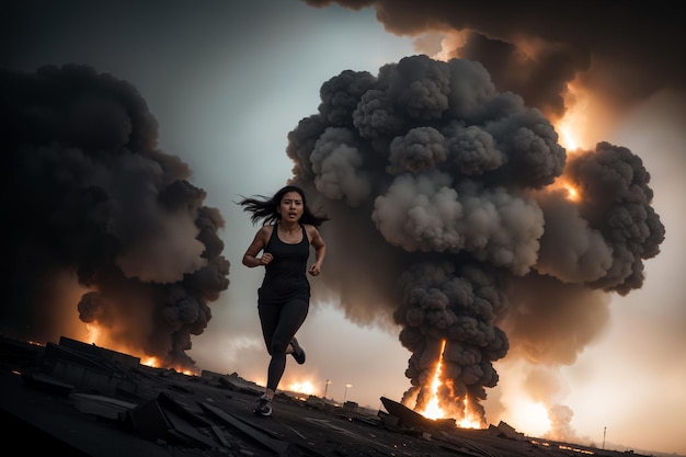 Mulher assustada a fugir das explosões.