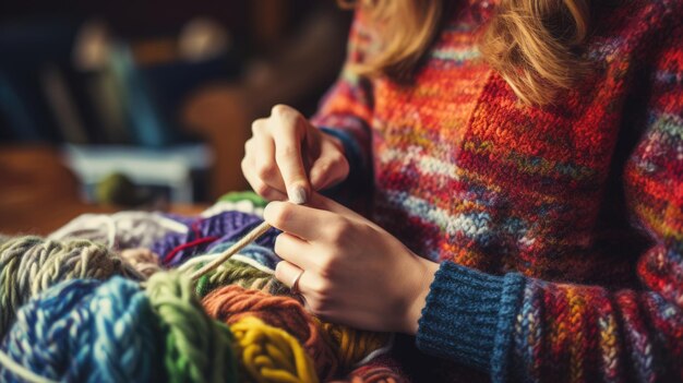 Foto mulher astuta a tricotar com fios coloridos à mesa