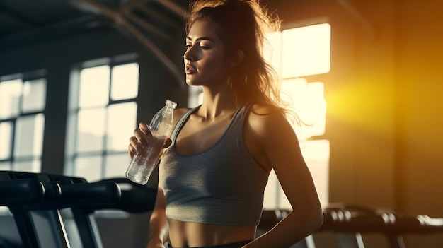 Mulher atleta bebendo água pura após exercício de treino