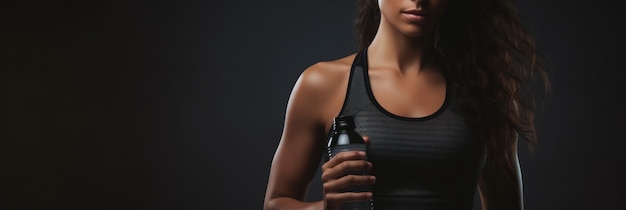 Mulher atlética de camisola segurando uma garrafa de água iluminação de chave baixa destaca físico tonificado