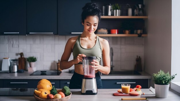 Mulher atlética irreconhecível usando um liquidificador enquanto prepara um smoothie saudável na cozinha