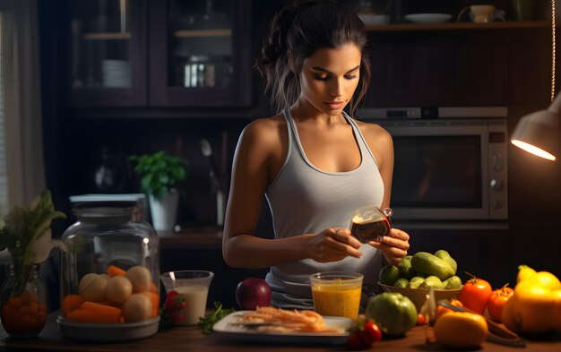 Foto mulher atlética preparando smoothie com legumes e frutas, shaker ouvindo música