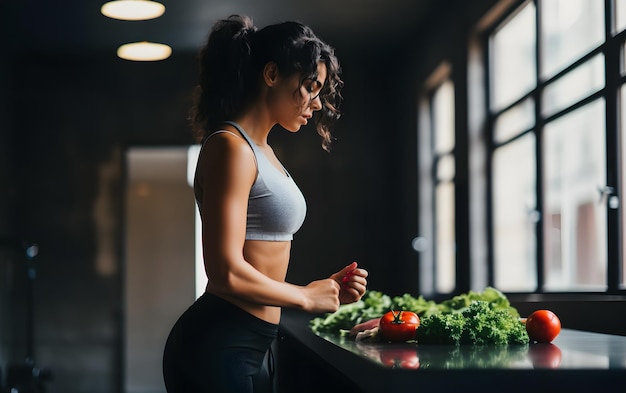 Mulher atlética preparando smoothie com legumes e frutas, shaker ouvindo música