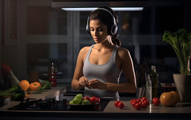 Foto mulher atlética preparando smoothie com legumes e frutas, shaker ouvindo música