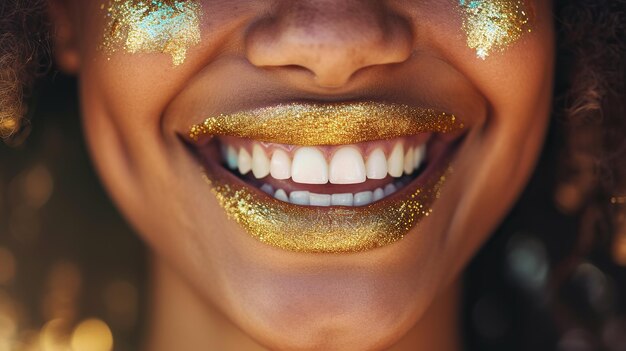 Mulher atraente afro-americana de perto com lábios e pálpebras douradas