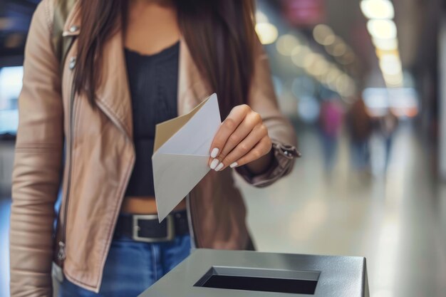 Foto mulher atraente colocando uma carta em uma urna de votação fundo fotorrealista homogêneo