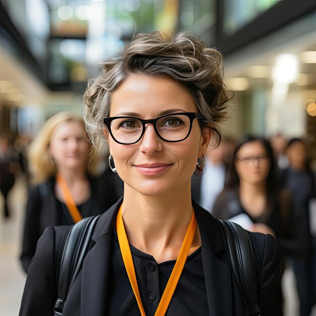 Mulher atraente com óculos numa conferência de negócios.