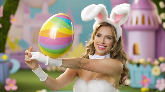 Foto mulher atraente com orelhas de coelho brincando com balão em forma de ovo