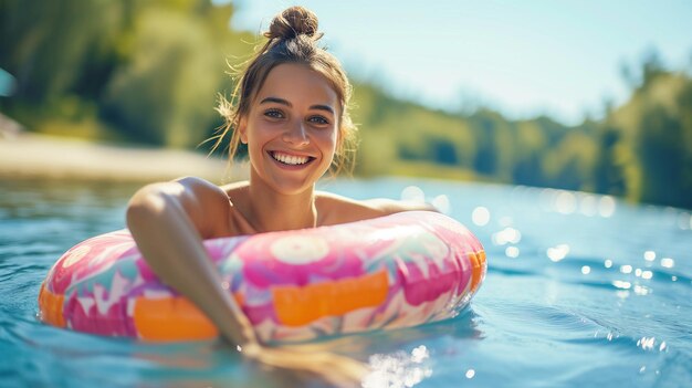 Mulher atraente de fato de banho com anel de borracha amarelo na piscina