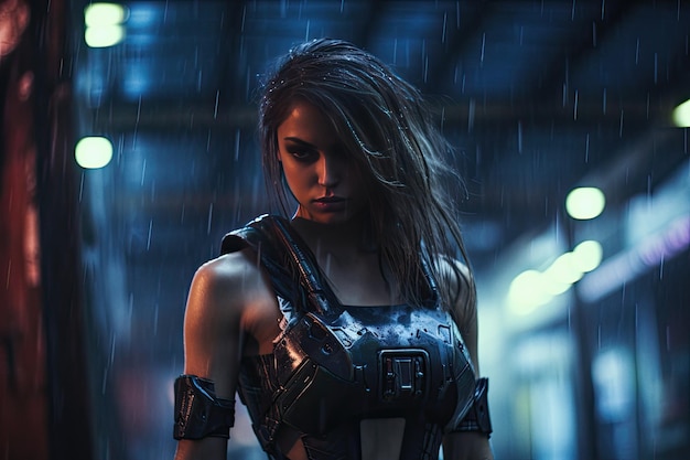 Mulher atraente em equipamento de batalha no beco escuro com luzes de néon na chuva retrato cyberpunk