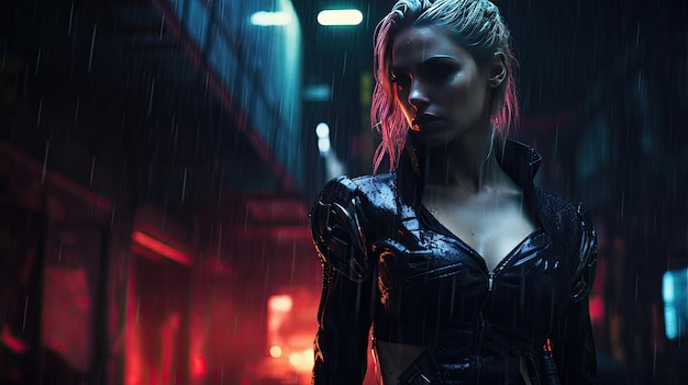 Mulher atraente em equipamento de batalha no beco escuro com luzes de néon na chuva retrato cyberpunk