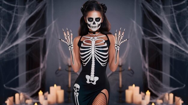 Mulher atraente em traje de Halloween com maquiagem de esqueleto