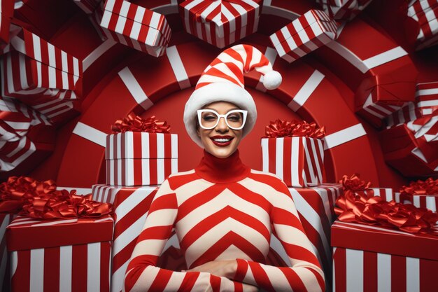 Foto mulher atraente em um terno vermelho e branco ao lado de caixas de presentes de natal mockup criativo de natal