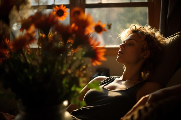 Foto mulher atraente está relaxando no sofá em um interior aconchegante com um buquê de flores de outono