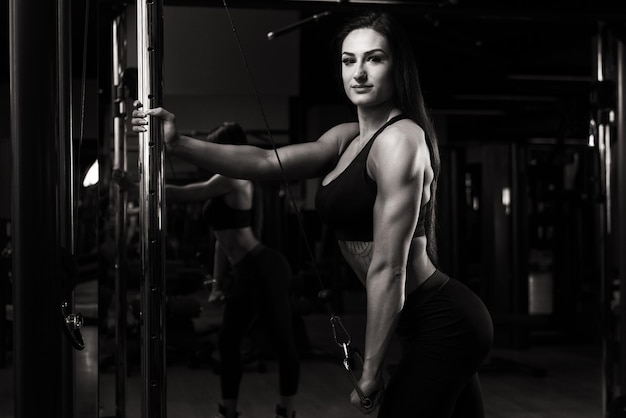 Mulher atraente fazendo exercícios de peso pesado para tríceps