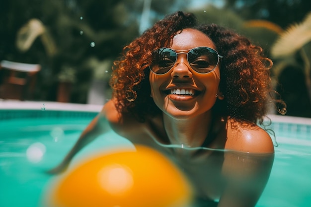 Foto mulher atraente natural nadando na água da piscina de verão salsa imagem gerada por ia