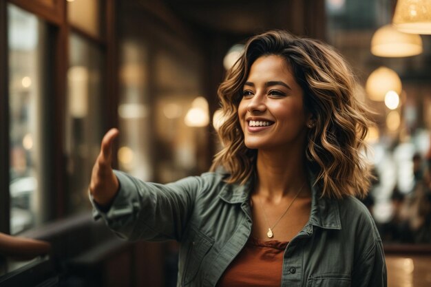 Foto mulher atraente segurando a mão de outra pessoa e virando-se garota olhar feliz e vestindo clo casual